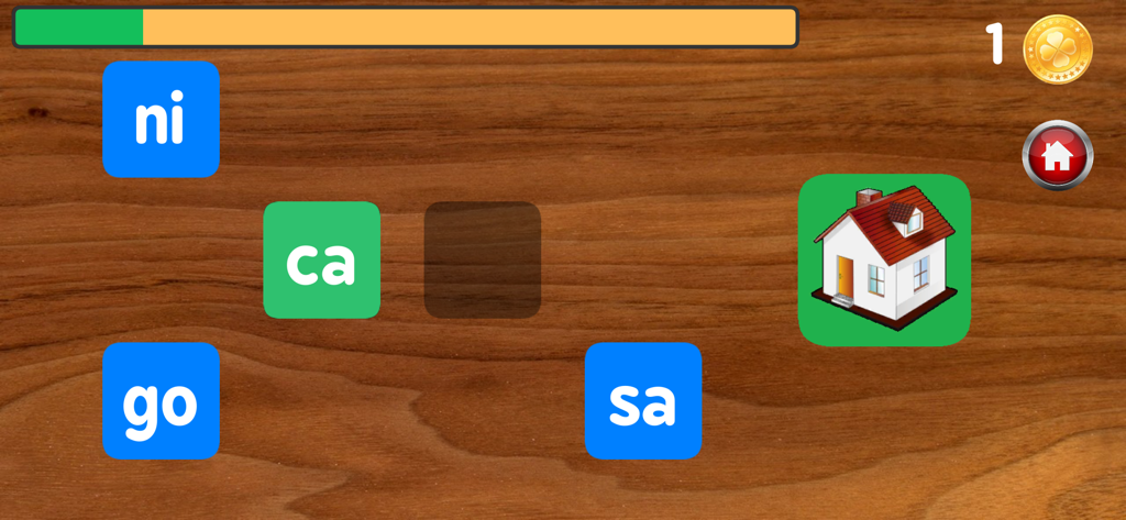 Pantalla del juego donde un niño forma la palabra casa seleccionando las silabas correspondientes en espanol