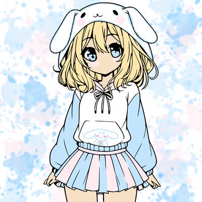 pretty anime girl wearing a fluffy hoodie with bunny ears on the hood and a skirt