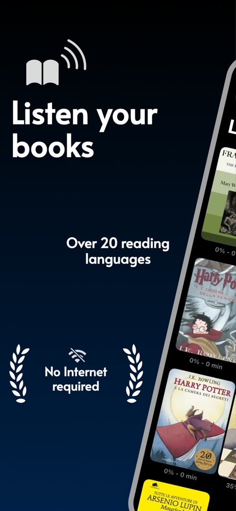 Interfaz de la aplicación VoiceReader que muestra funciones de escucha sin conexión y la biblioteca de libros