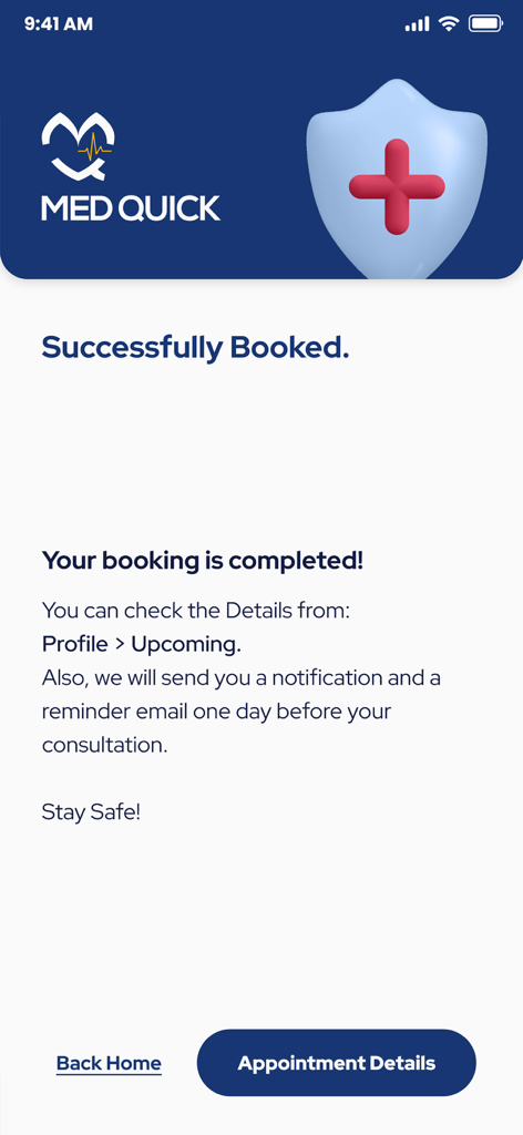 Med Quick - Med Quick app screen showing a successfully booked medical appointment confirmation.