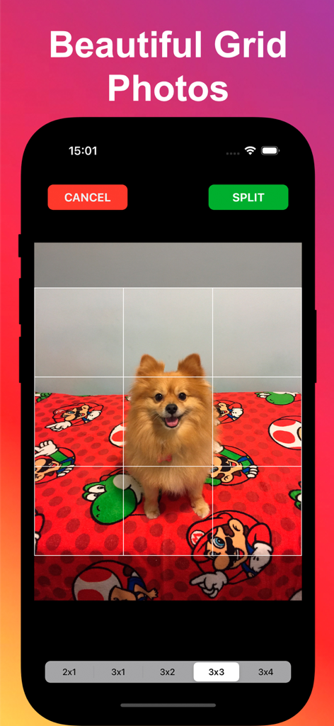 Photo Splitter: Picture Grids - Tela de smartphone mostrando a interface do aplicativo Photo Splitter com uma foto de cachorro sendo dividida em um layout de grade 3x3