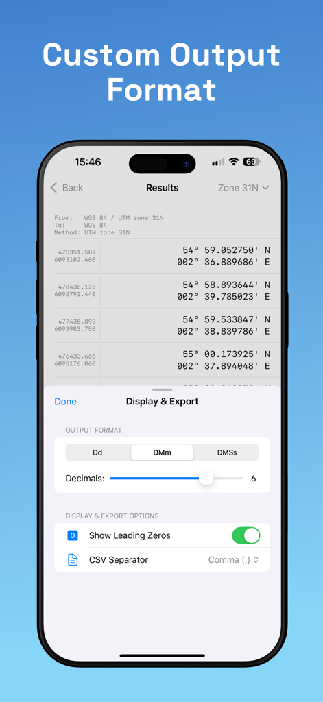 CoordCap: Capture & Convert - A screenshot of the CoordCap app showing custom coordinate output format settings and export options.