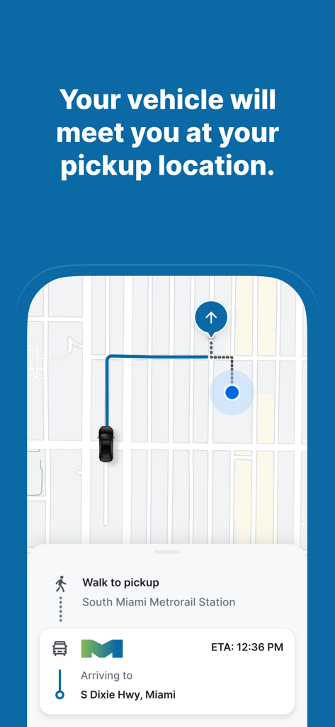 MetroConnect Miami-Dade - MetroConnect Miami-Dade app interface showing real-time vehicle tracking to a pickup location