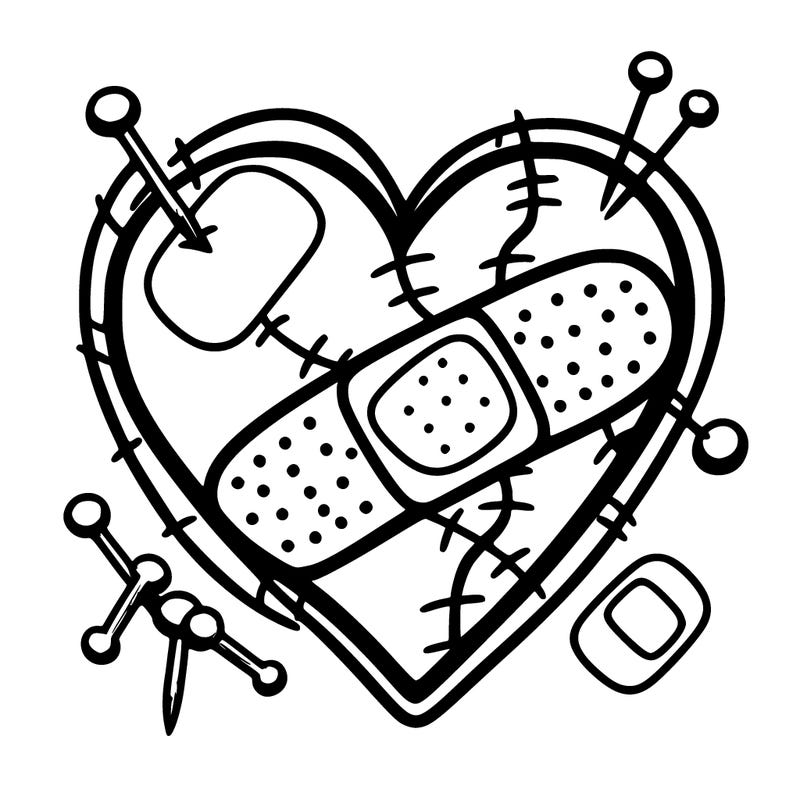 patched up heart with stitches, bandaids and sewing pins