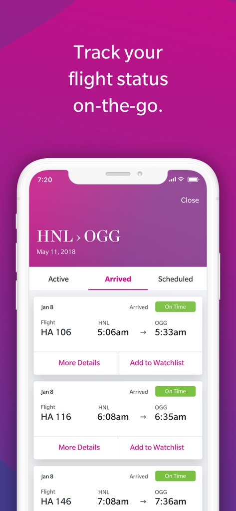 섬 간 이동을 위한 항공편 도착 상태 및 시간 목록을 보여주는 하와이안 항공 앱 인터페이스
