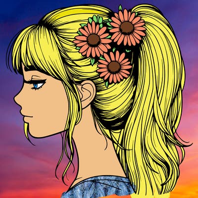 realistic girl with ponytail and daisys in it