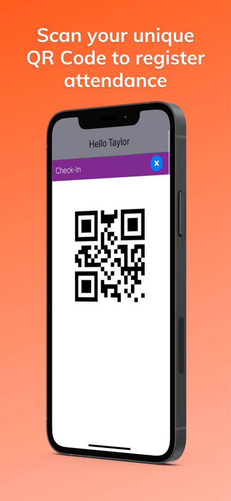 ClubRight app screen showing a QR code for gym attendance registration
