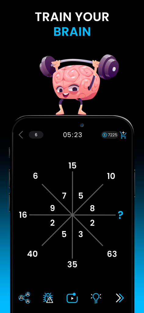Math Master Puzzles & Riddles - Interfaz de la aplicación móvil Master Matemático con un puzzle de lógica y una ilustración de un cerebro haciendo pesas.
