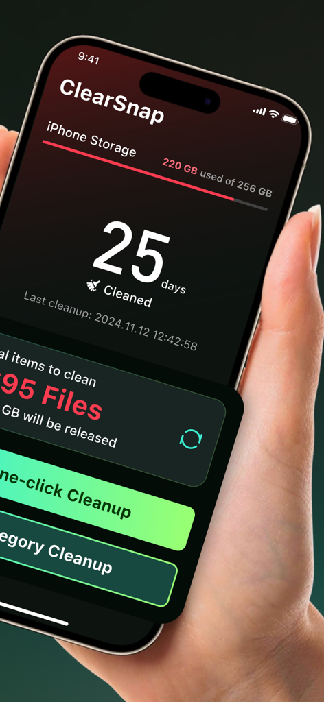 Aplicación ClearSnap en iPhone mostrando el uso del almacenamiento y un botón de limpieza con un clic