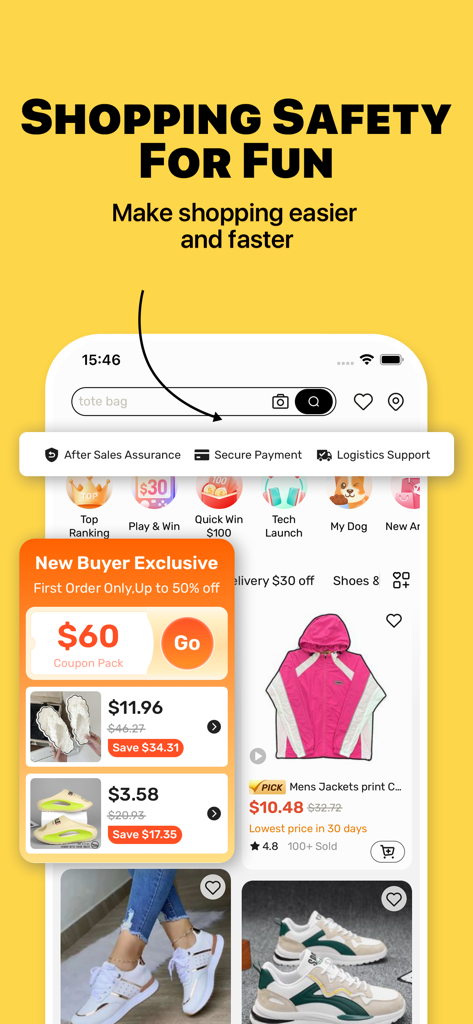 Capture d'écran de l'application DHgate affichant les fonctionnalités de sécurité des achats et des coupons de réduction exclusifs pour les nouveaux acheteurs sur les produits en gros