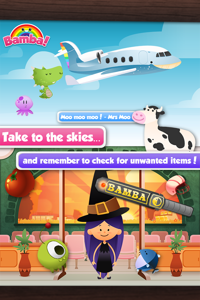 Bamba Airport - A cartoon witch character going through airport security with a scanner wand in Bamba Airport app.