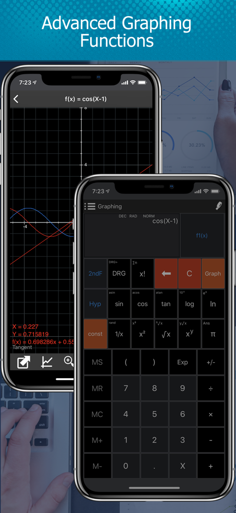 Calc Pro - The Top Calculator - Calc Pro app showing advanced graphing functions and a scientific calculator keypad on an iPhone.