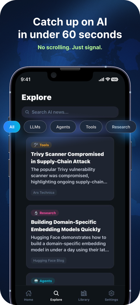 Prism: AI News Digest - Flux d'exploration de l'application Prism AI News Digest présentant des mises à jour organisées sur l'IA et une barre de recherche