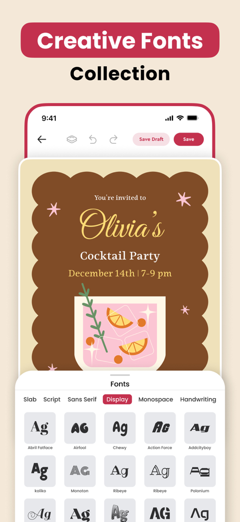Wedding Invitation Maker RSVP - A mobile app interface showcasing a collection of creative fonts for customizing a cocktail party invitation card.