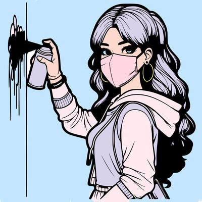 realistic girl with mask spray painting a wall