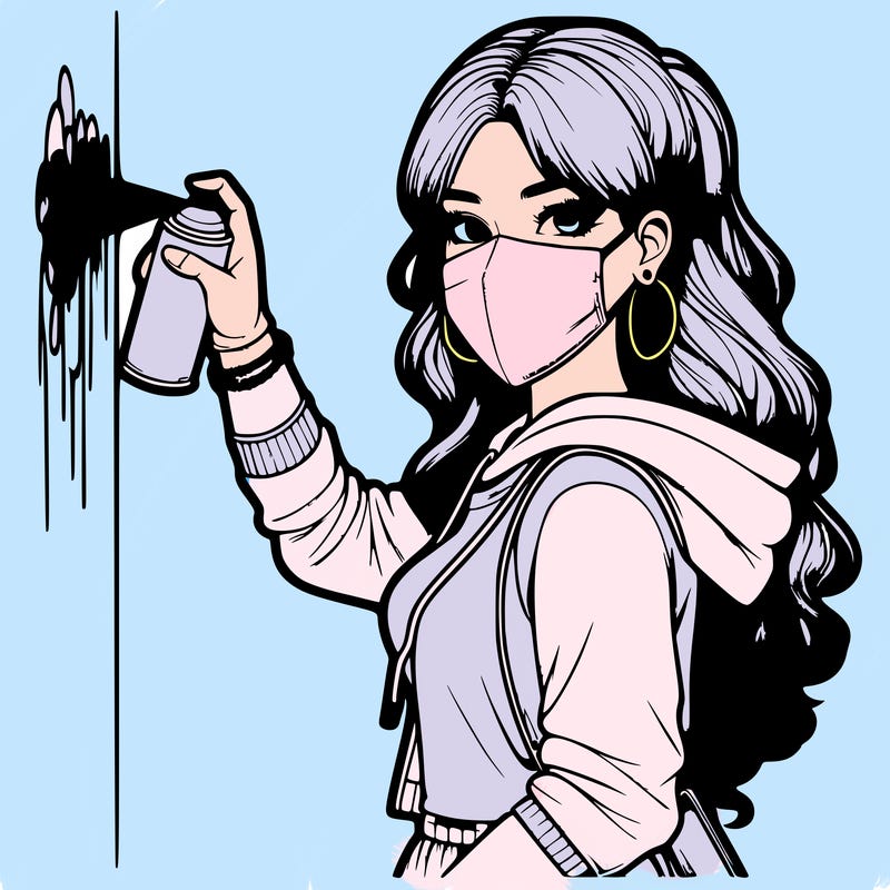 realistic girl with mask spray painting a wall