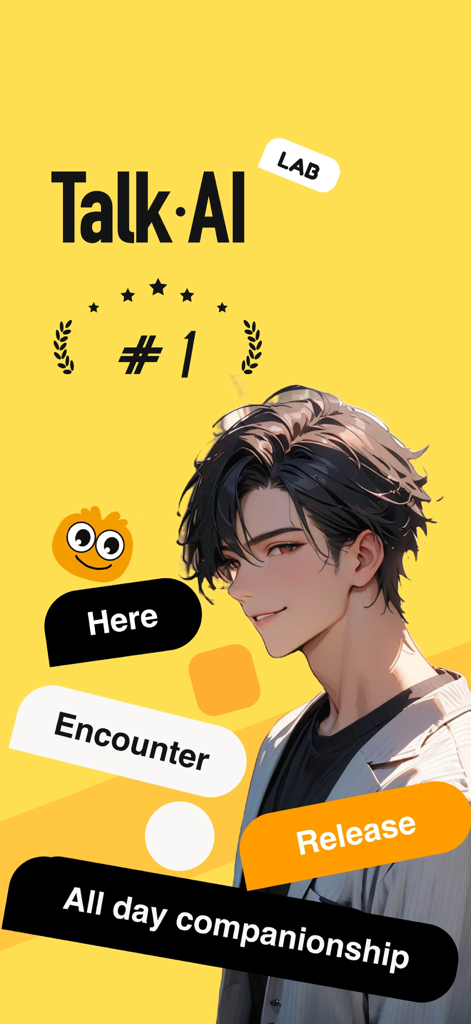 Image promotionnelle de l'application Talk.AI présentant un personnage d'anime avec le texte 'Compagnonnage toute la journée'.