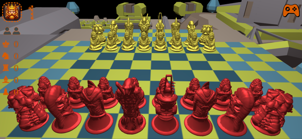 CHESS MATES ™ - Stilisierte 3D-Alien-Schachfiguren auf einem bunten karierten Brett