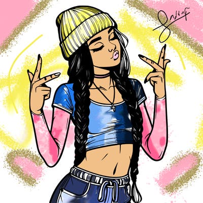 realistic teenage girl with braids and a beanie and crop top doing 🫶🏼