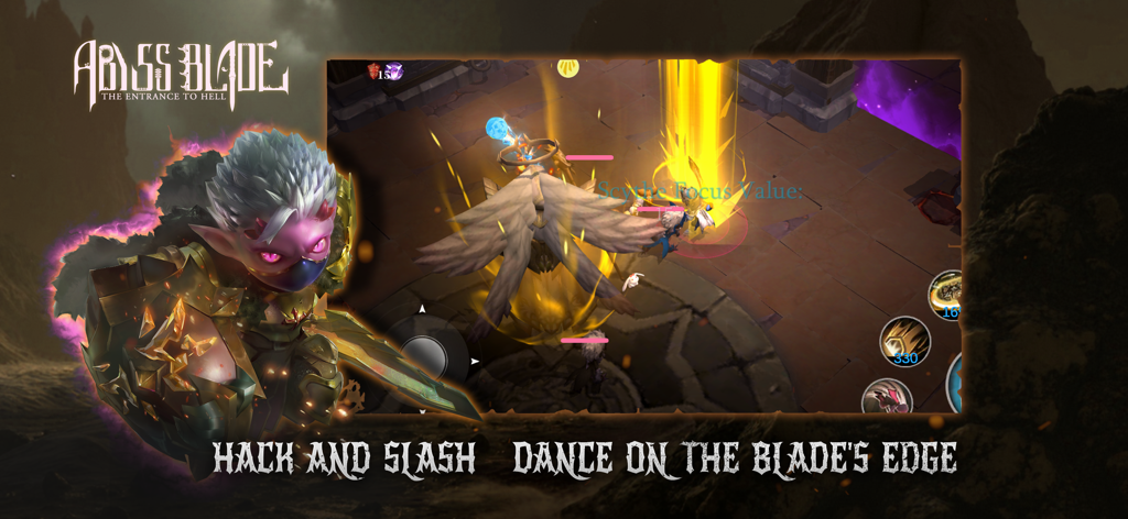 ABYSS BLADE - ABYSS BLADE action RPG gameplay showing a demon character fighting a boss in a dark fantasy world.