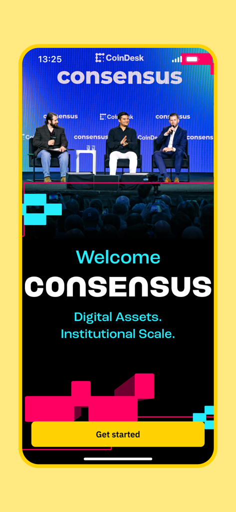 Welcome screen of the Consensus by CoinDesk app showing a conference stage with speakers and a get started button.