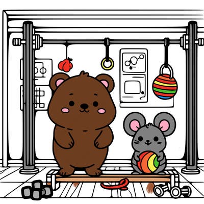 cute bear and mouse in a gym