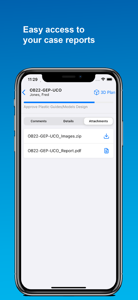 Mimics Flow - Interface do aplicativo Mimics Flow exibindo anexos de um caso médico, incluindo relatórios em PDF e arquivos de imagem