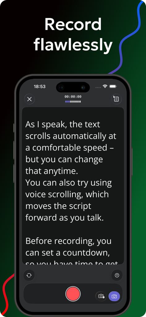Teleprompter Automatic - Interface de l'application mobile montrant le script à défilement automatique pour un enregistrement vidéo sans faille
