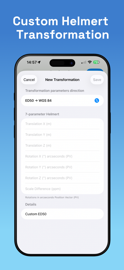 GPS Converter - CoordFix - Interfaz de GPS Converter CoordFix que muestra la configuración de transformación Helmert personalizada para datos geodésicos de alta precisión