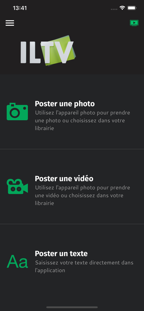 ILTV + - ILTv plusアプリのインターフェース、フランス語での写真、ビデオ、テキストの投稿オプションが表示されています
