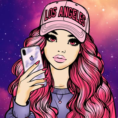 realistic beautiful girl wearing los ángeles cap holding an iphone