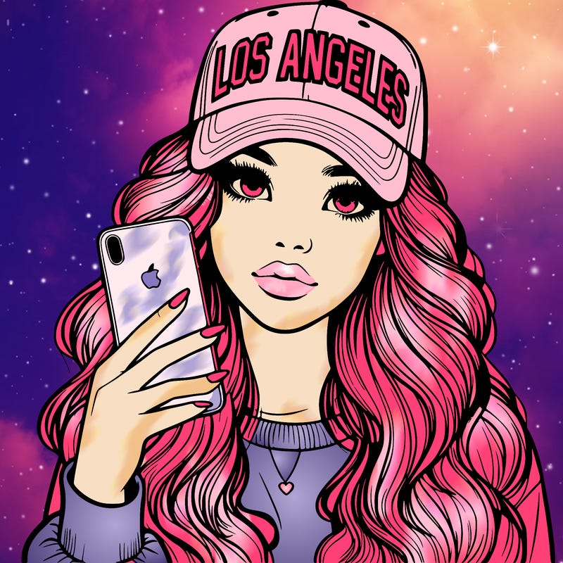 realistic beautiful girl wearing los ángeles cap holding an iphone