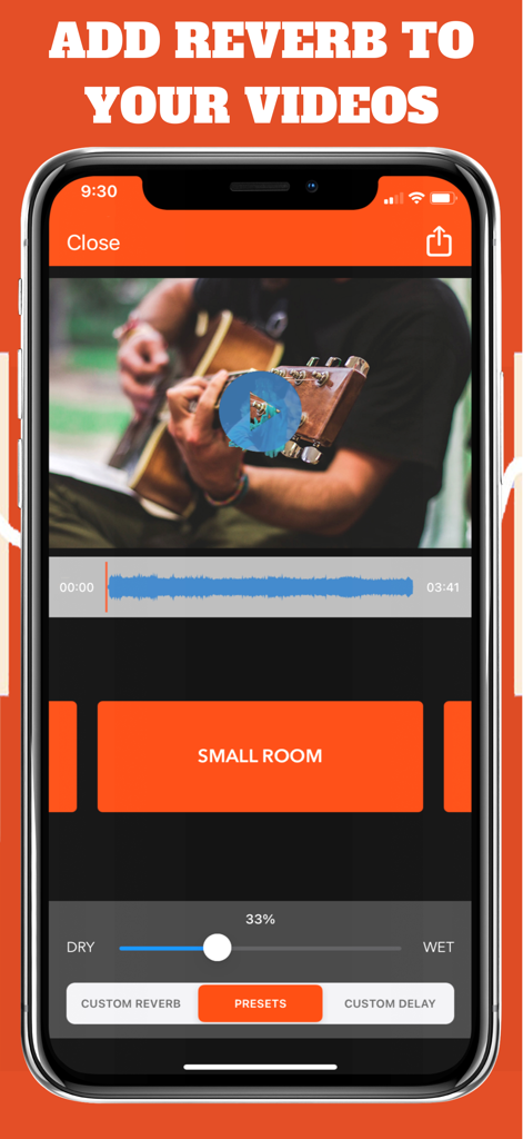 VideoVerb: Add Reverb to Video - VideoVerb app interface showing reverb presets for a guitar video