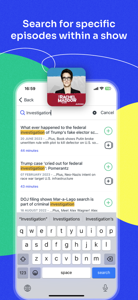 Interface de pesquisa dentro do Podcast App mostrando resultados de episódios para uma busca por palavra-chave dentro de um programa específico