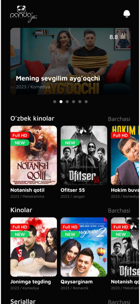 Panda Tv - Panda Tv mobile app interface displaying a catalog of Uzbek films and cinema categories