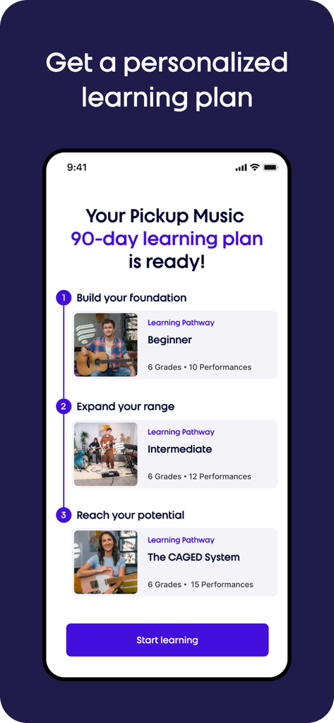 Pickup Music: Guitar & Bass - A smartphone screen showing a 90 day guitar learning plan with beginner intermediate and advanced structured levels