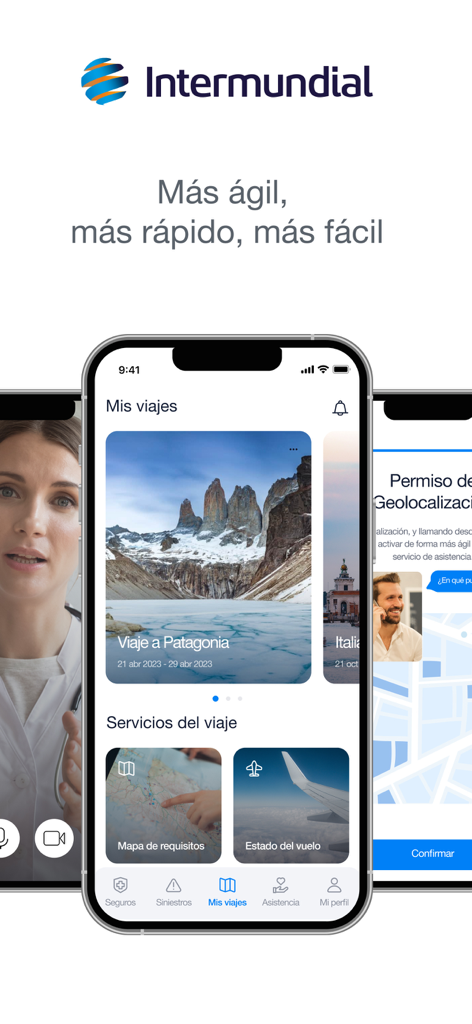 Intermundial - Intermundial mobile app interface showing travel itineraries flight status and telemedicine features