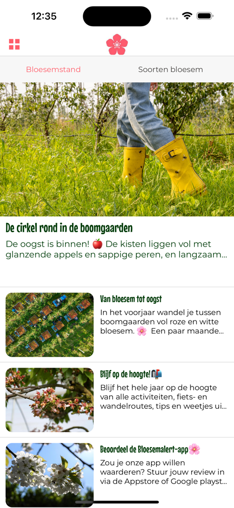 Bloesemalert - Bloesemalert app interface displaying nature news and orchard updates