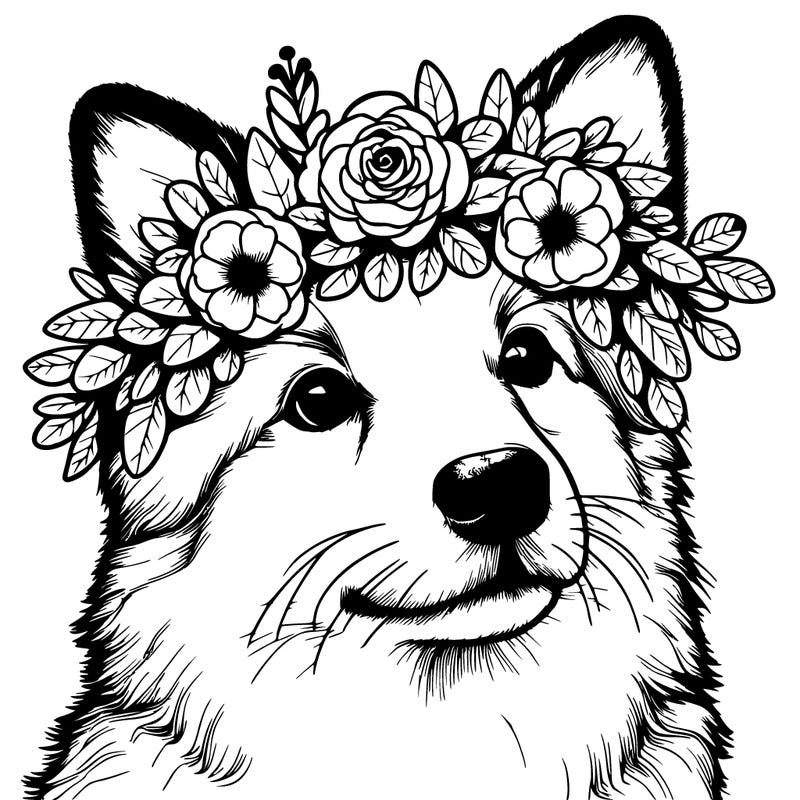 a realistic dog wearing a flower crown