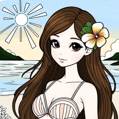 realistic girl with a flower on her hair and standing outside in the sun at the beach with a swimsuit on