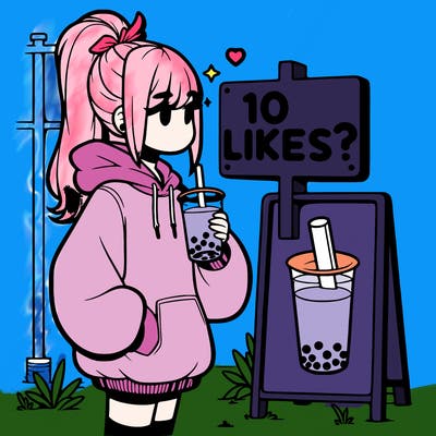 girl with oversized hoodie drinking boba and she has a high ponytail with a sign that says 10likes?