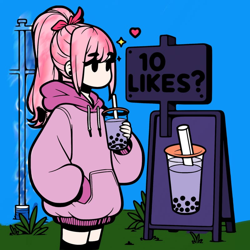 girl with oversized hoodie drinking boba and she has a high ponytail with a sign that says 10likes?