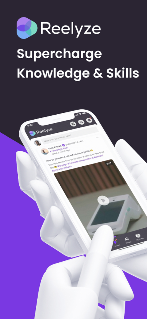 Smartphone screen showing a Reelyze training video reel about processing a refund on a card machine