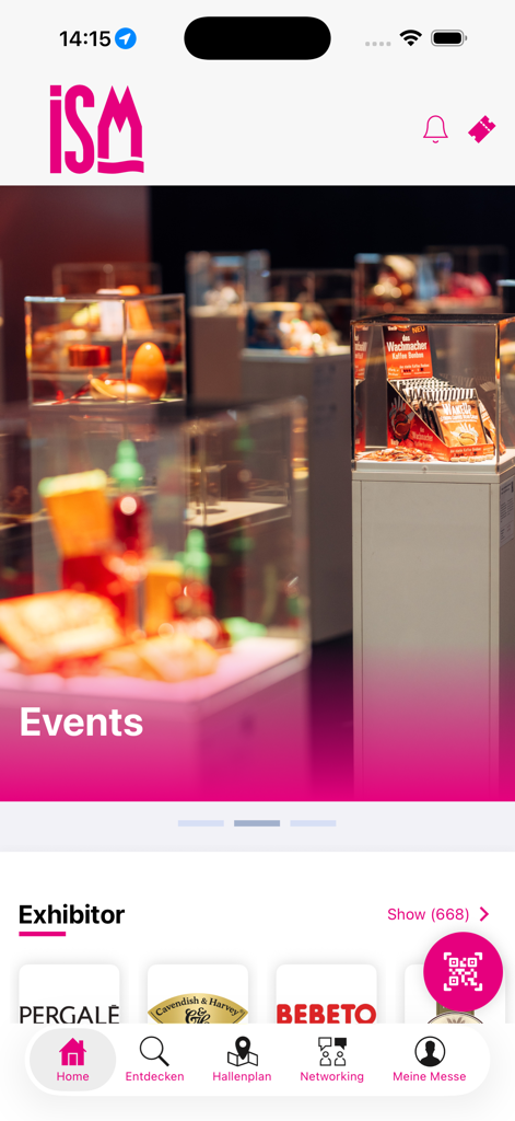 Startbildschirm der ISM Cologne App mit einem Event-Banner und einer Liste von Ausstellern.