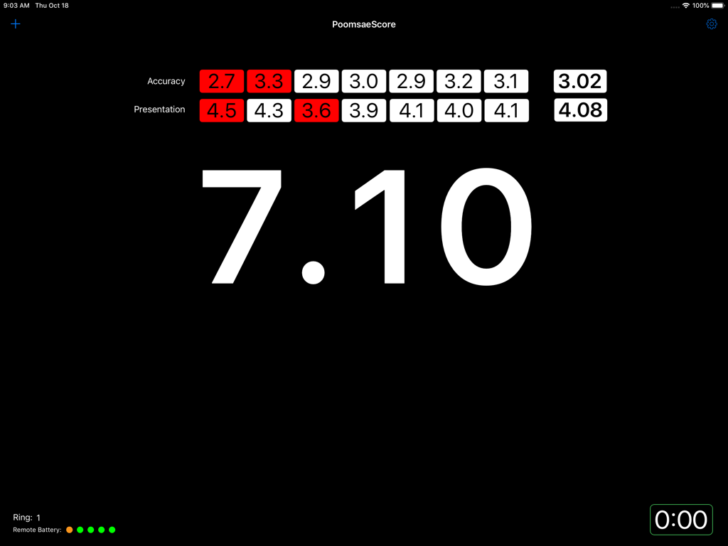 PoomsaeScore - Digital scoreboard showing Taekwondo Poomsae accuracy and presentation scores with a final total of 7.10 on an iPad