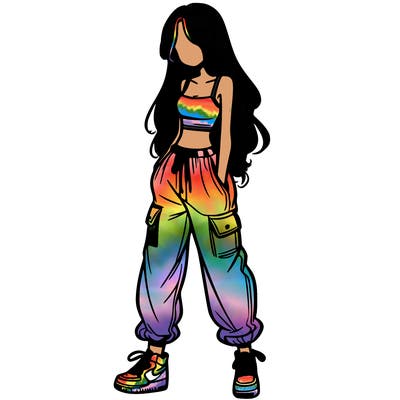 girl in baggy pants crop top and long hair