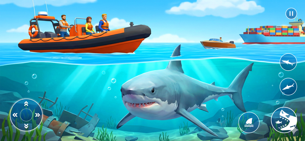 Angry Megalodon Shark Attack - A megalodon shark swimming underwater near a passenger boat in a shark attack game