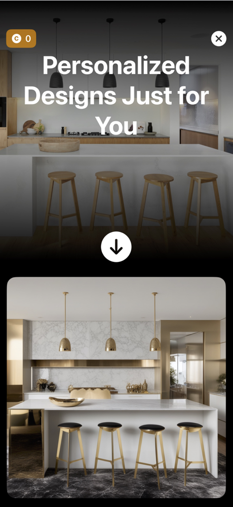 Design de cozinha personalizado gerado por IA com móveis modernos e acabamentos em mármore