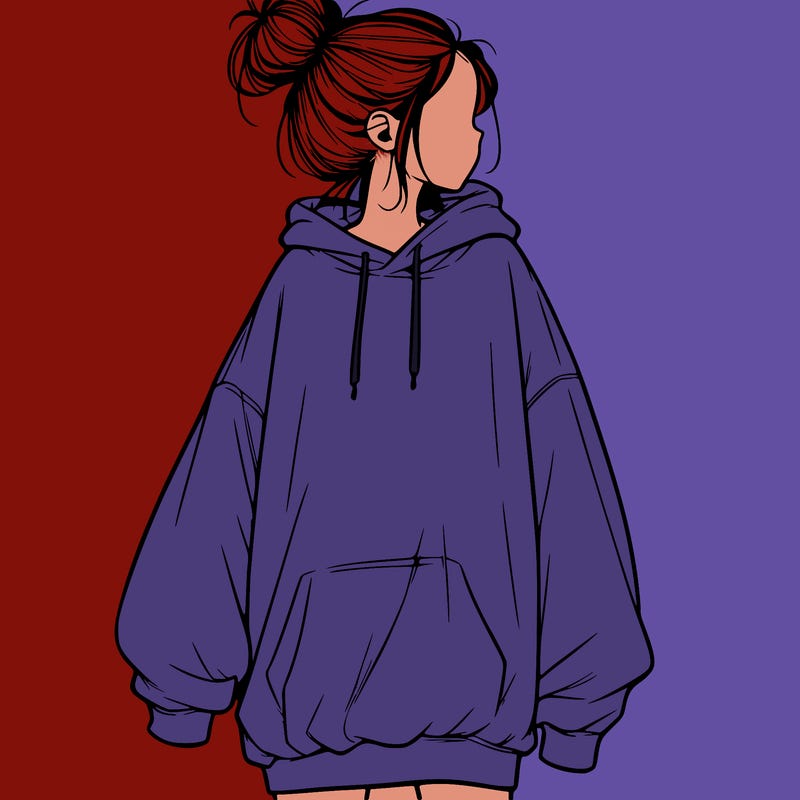 realistic girl with a oversized sweatshirt on and a bun