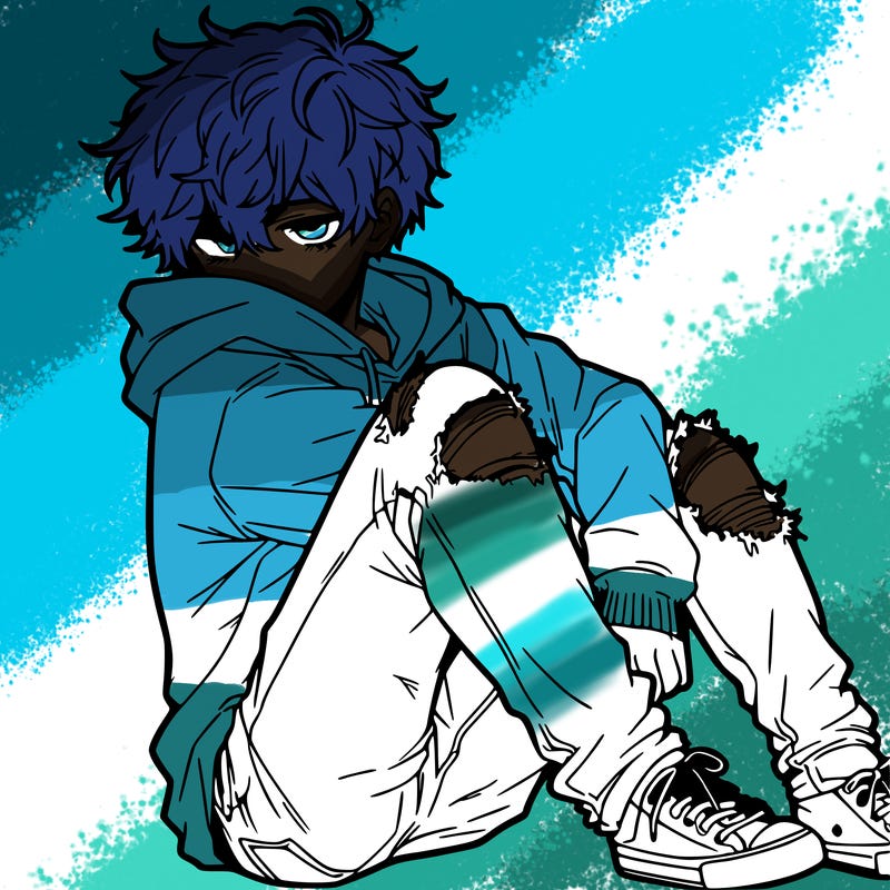 a male hoddie ripped jeans messy hair anime